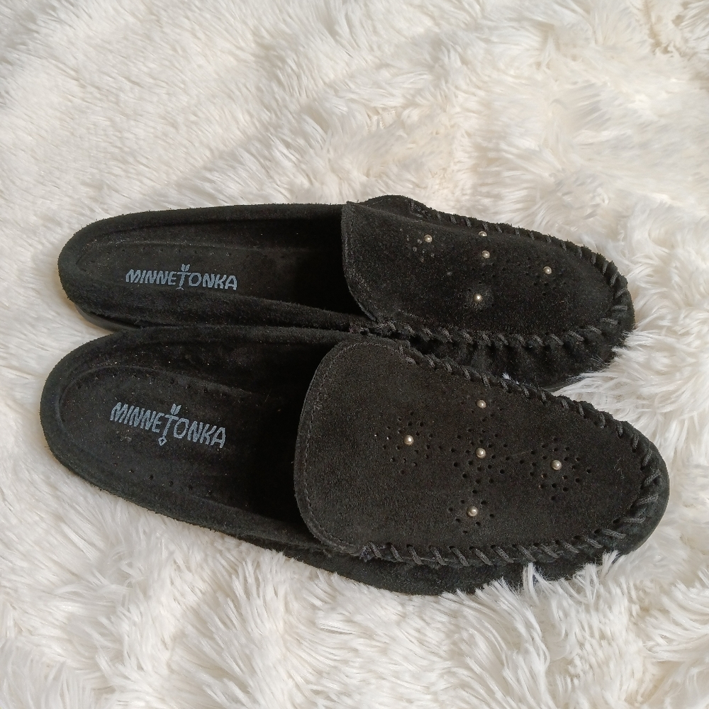 Minnetonka black suede loafers